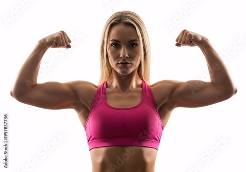 Young beautiful fitness woman flexing biceps on white background. Studio shot