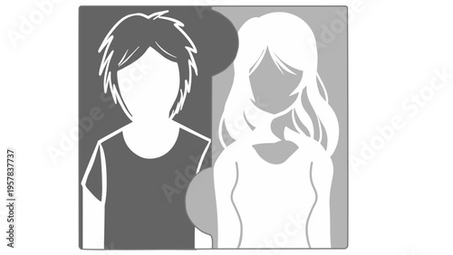 ジェンダー平等と多様性のアイコンイラスト（モノクロ・男女・パズル・ベクター素材）：Monochrome gender equality and diversity icon. Black and white vector silhouettes of man and woman with puzzle background.