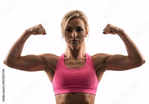 Young athletic blonde woman flexing her muscles on a white background.
