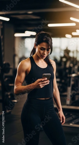 young sportswoman looking at smartphone in fitness center and using app