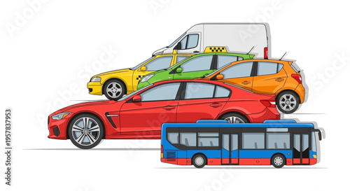 Transportation fleet modern white passenger cars and commercial vehicles