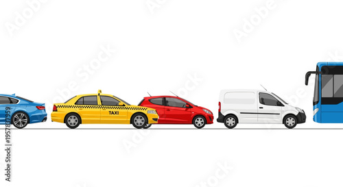 Transportation fleet of cars taxi van and bus on a white background