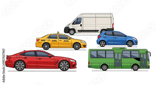 Transportation fleet of cars vans and buses isolated on white background