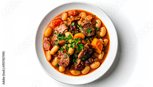 Traditional French Cassoulet with White Beans and Sausage on White Background
