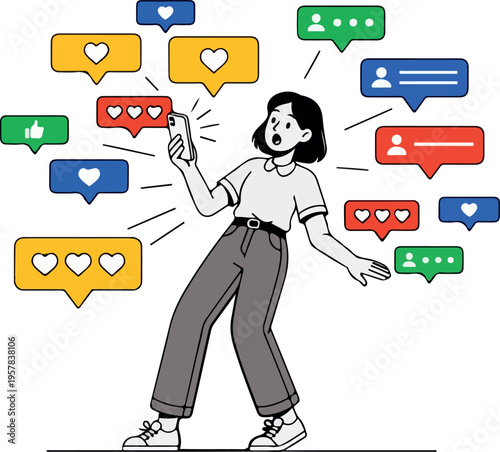 Overwhelmed Woman Receiving Social Media Notifications and Likes