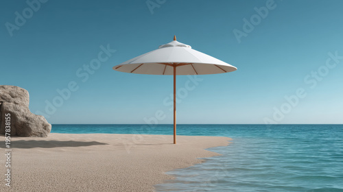 White beach umbrella standing alone on empty sandy coastline with gentle waves and clear blue sky creating calm serene mood