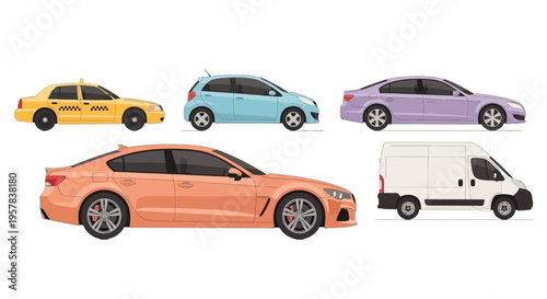 Variety of colorful cars and a van illustrated in side view perspective