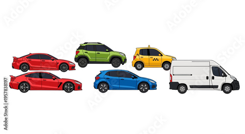 Variety of colorful cars and transportation vehicles on white background