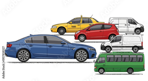 Variety of colorful vehicles isolated on white background for transportation
