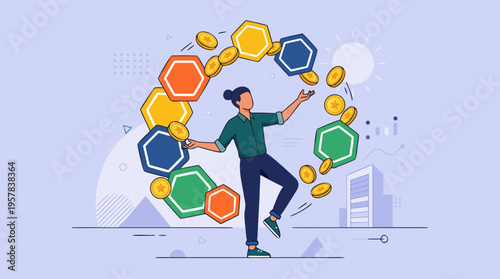 A businessman in a suit presenting a colorful data visualization with a vibrant background.