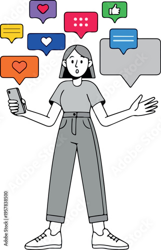 Social Media Overload Young Woman Receiving Digital Notifications and Online Interactions