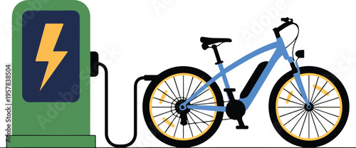 Charging Electric Bicycle Vector Concept with E-Bike at Energy Station, Eco-Friendly Transport, Alternative Green Fuel, and Rechargeable Vehicle Illustration