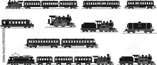 Vintage and modern train silhouettes collection isolated on white background, locomotive vector set for railway transportation, steam engine travel, and industrial freight logistics.