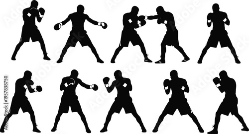 large collection of professional boxer silhouettes showing various fighting stances punching techniques defensive guards and athletic movements isolated on white background for sports design.