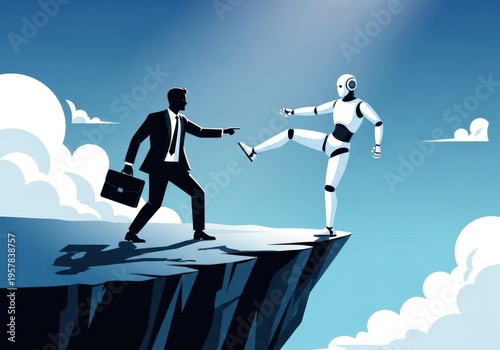 Businessman and robot on cliff edge with briefcase and kicking pose
