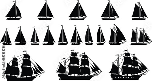 Large collection of sailboat silhouettes featuring modern yachts schooners and historic tall ships with detailed rigging and sails isolated on white background for nautical design.