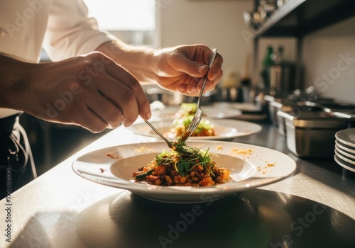Chef garnishing a plate of food in a professional kitchen setting carefully