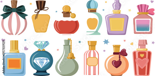 Cartoon Perfume Bottles Vector Set with Fragrant Glass Flasks, Toilet Water, Aroma Sprays, Beauty Products, and Cosmetic Containers