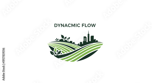 Dynamic Flow Logo Cityscape Merged with Nature and Flowing Fields