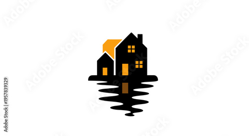 Abstract Silhouette Houses Reflected in Water at Dusk