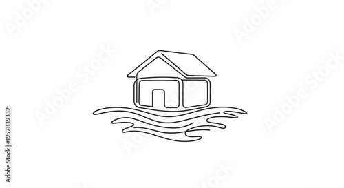 Single Line Drawing Of House Submerged In Water