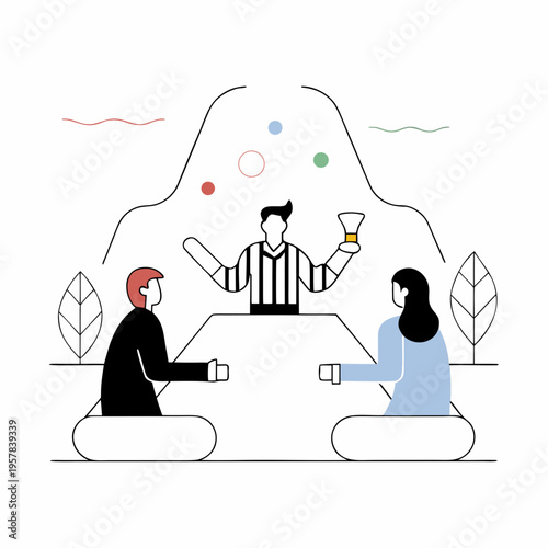 Stop conflict. Man and woman versus. Businessman referee finds compromise. Mediator solving competition. Conflict and solution. Vector illustration flat design. Isolated on white ... See More