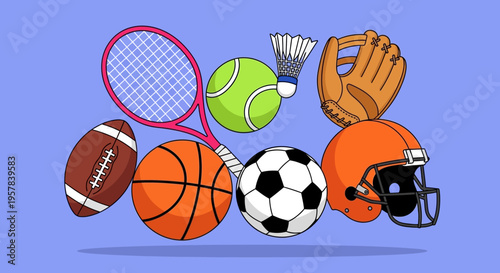 Collection of Sports Equipment Vector Illustration featuring Soccer, Basketball, Tennis, Baseball, and American Football Gear on Blue Background