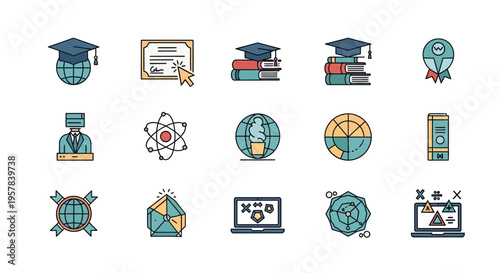 Education and E-learning Icon Set: Flat Vector Illustrations for Science, STEM, Online Courses, and Academic Achievement