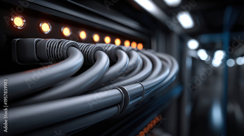 Wallpaper Mural Photorealistic tightly bundled network cables plugged into rack with illuminated status lights conveying organized connectivity and modern data center efficiency and precision Torontodigital.ca
