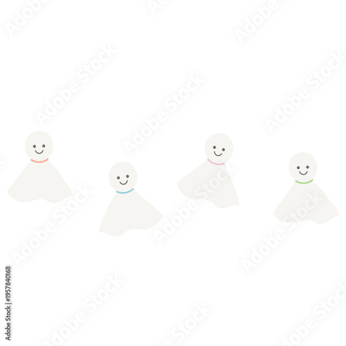 横に並んだてるてる坊主の可愛い梅雨イラスト｜てるてる坊主 梅雨 晴れ祈願 雨 天気 キャラクター