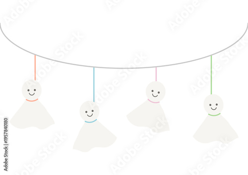 横に並んだてるてる坊主の可愛い梅雨イラスト｜てるてる坊主 梅雨 晴れ祈願 雨 天気 キャラクター