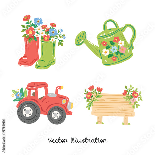 Cute Farm Elements Set Boots Tractor Watering Can Illustration