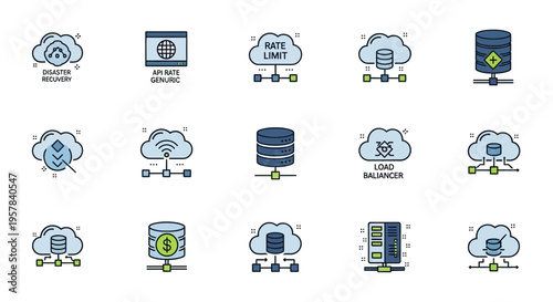 Cloud computing and data storage icons for network and technology concepts