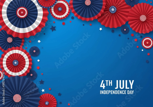 4th of July Independence Day Patriotic Background with Red, White, and Blue Paper Fans, Stars, and Confetti on a Blue Backdrop with Copy Space for Greeting Cards