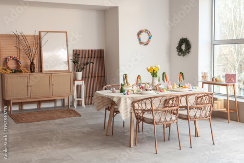 Festive table setting for Easter celebration in dining room