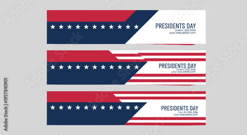 Set of three horizontal Presidents Day web banners with American flag patriotic design elements, red white and blue colors, and stars for holiday marketing and advertising.