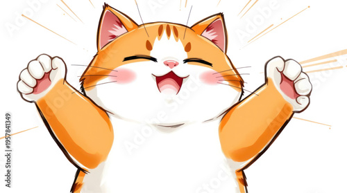 Cat Happily Raising Paws in a Cheerful and Excited Cartoon Illustration