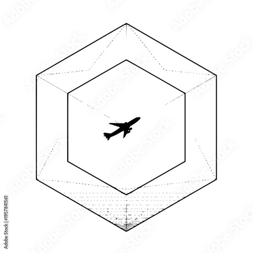 Airplane Inside 3D Hexagonal Prism with Dotted Lines