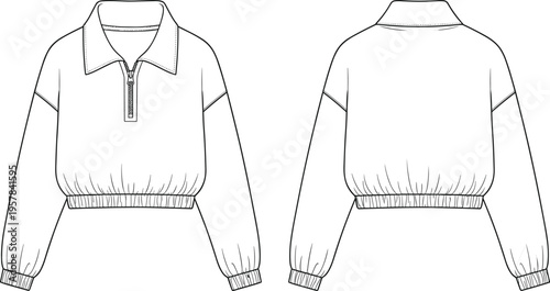 Cropped zip collar sweatshirt outline mockup front and back view elastic hem long sleeve casual fashion apparel vector illustration