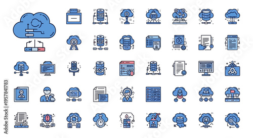 Cloud computing and data storage icons vector set for technology concepts