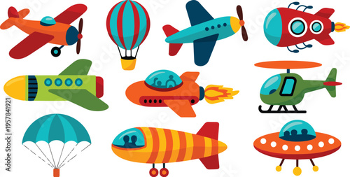 Kids Air Transport Vector Set with Cute Cartoon Helicopter, Rocket, UFO, Balloon, Airship, and Childish Flying Toy Aircraft Collection