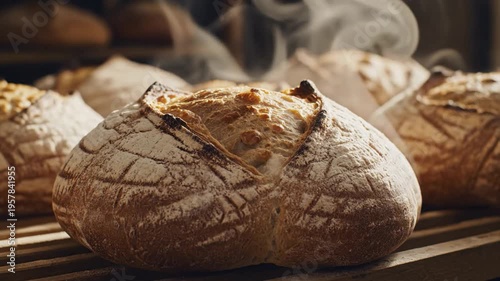 Golden Sourdough Breads Fresh From The Oven, Emitting Aromatic Steam Ready For Cooling
