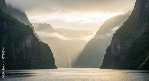 Majestic Fjord Landscape Under Soft Morning Light With Dramatic Mountain Peaks