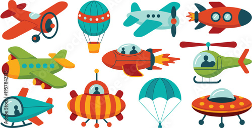 Kids Air Transport Vector Set with Cute Cartoon Helicopter, Rocket, UFO, Balloon, Airship, and Childish Flying Toy Aircraft Collection