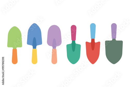 Small gardening hand shovel and trowel set in various pastel colors flat vector