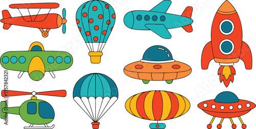 Kids Air Transport Vector Set with Cute Cartoon Helicopter, Rocket, UFO, Balloon, Airship, and Childish Flying Toy Aircraft Collection