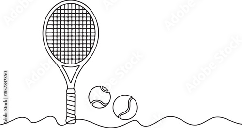 tennis line art racket with balls continuous single stroke sports logo