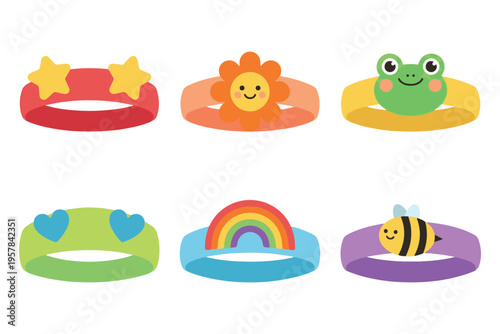 Cute girls headband set with star flower frog rainbow and bee character flat vector