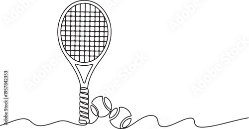 tennis continuous line racket and balls sports icon for branding print