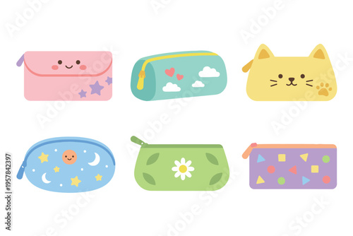 Cute kawaii pencil case and pouch collection with cat and star design flat vector